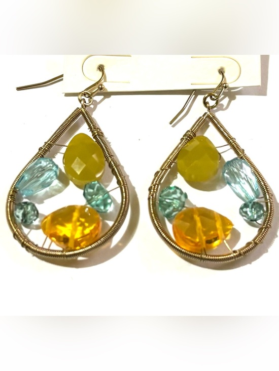 Handmade Jewelry - Gold Teardrop Wire Earrings with Yellow and Aqua Beads